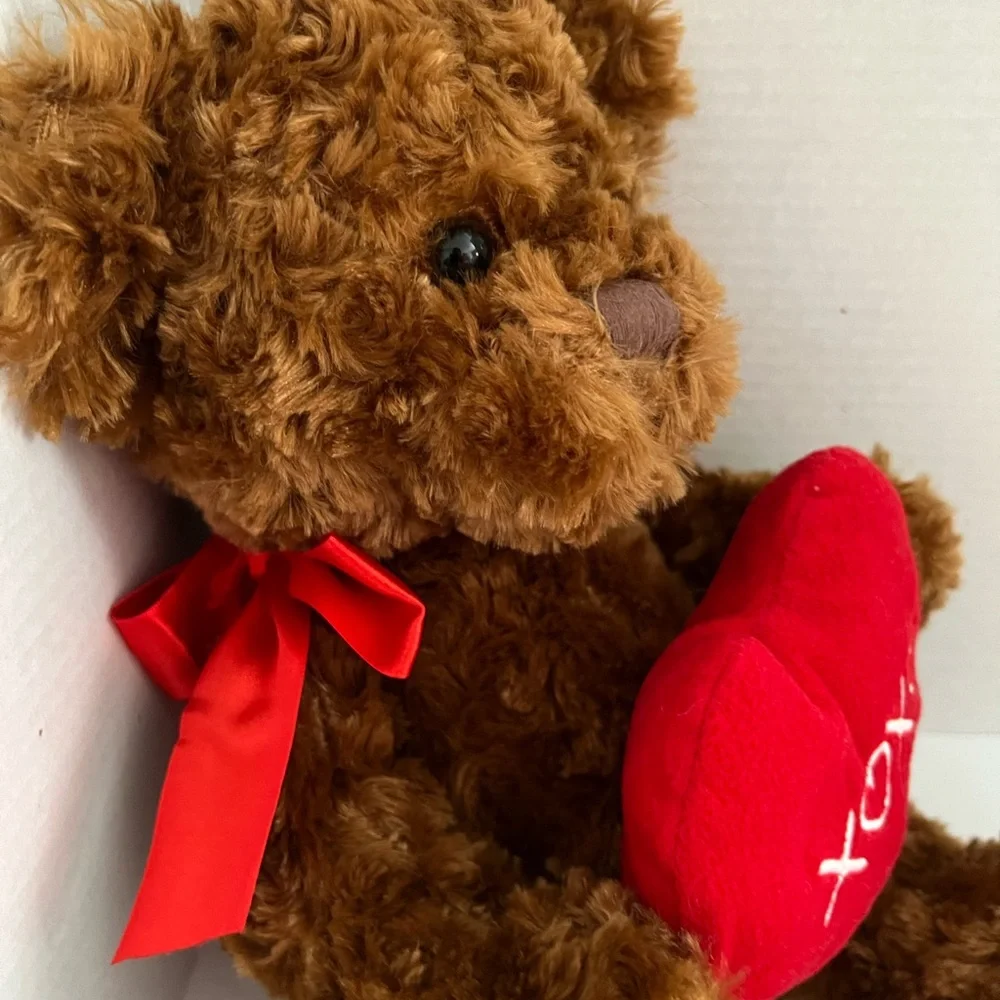 Unbranded Brown Shaggy Bear Plush Red Heart XOXO Print Red Bow